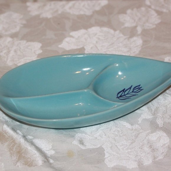 Vtg Cronin Blue Tulip Pottery Teardrop Divided Relish Serving Dish-USA:RETRO FAB - Picture 1 of 5